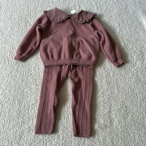 Sweater with corduroy collar button in back and matching leggings.